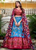 Tussar Silk Firozi Traditional Wear Printed Lehenga Choli